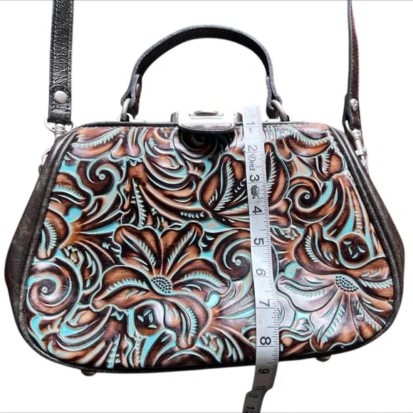 Patricia Nash Turquoise Framed Gracchi Tooled Burnt Leather Crossbody Set - Picture 8 of 16